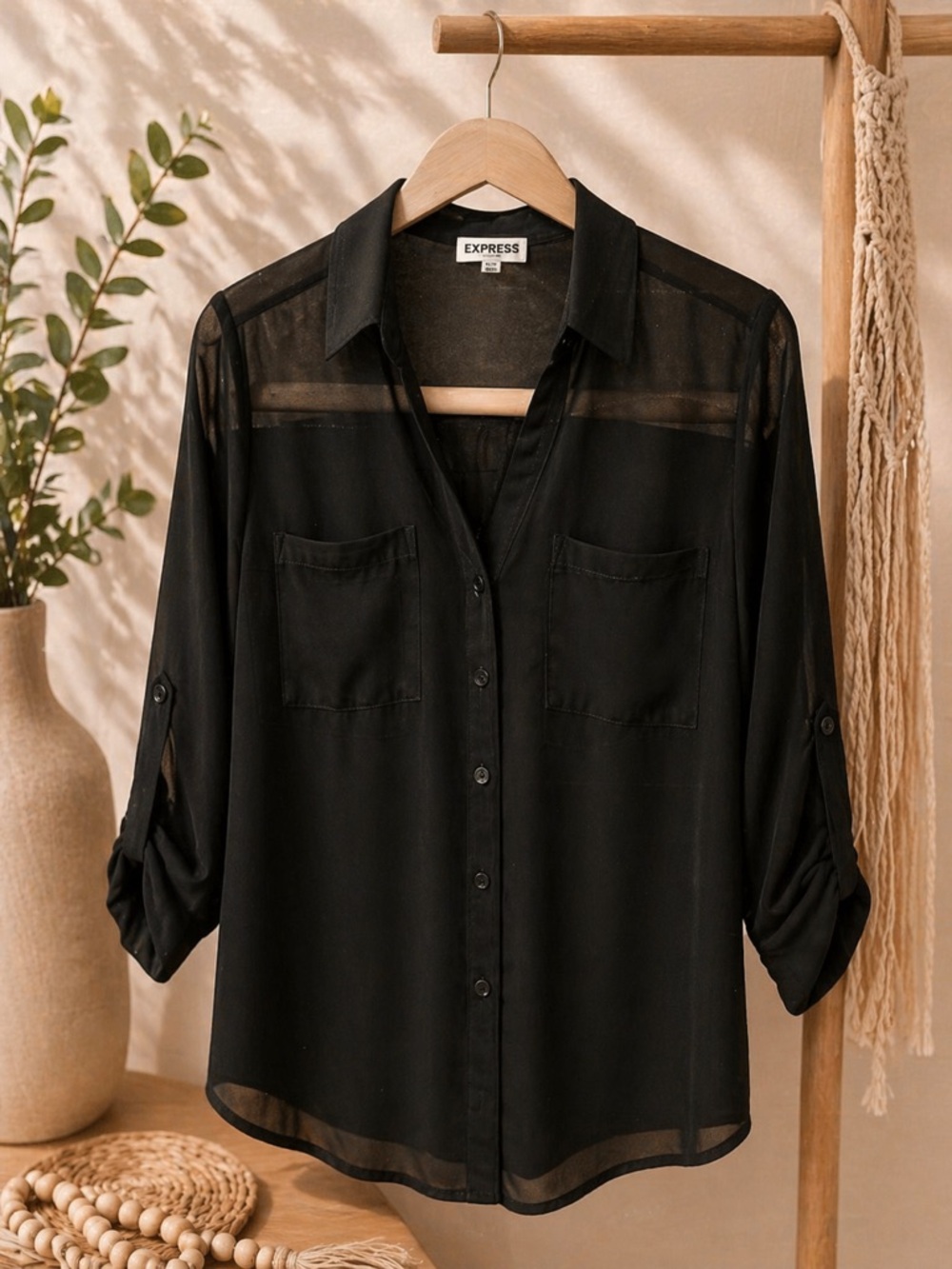 Express Black Sheer Button-Down Shirt